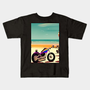 RAINBOW RETRO MOTORCYCLE ON THE BEACH Kids T-Shirt